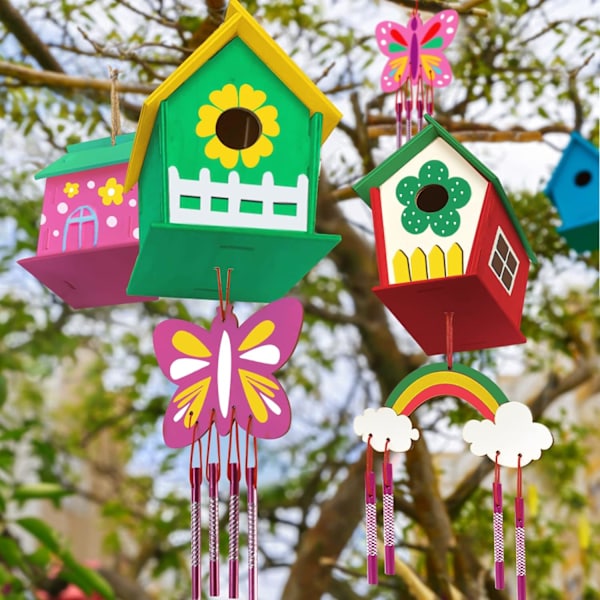 Hantverk för barn i åldrarna 4-8 - 4-pack DIY fågelhus vindklocka kit - Bygg och måla fågelhus trä konst kit påskkorg fyllmedel present för åldrarna 3-5