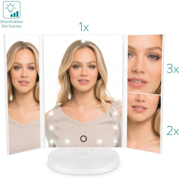 Navaris LED lysspejl 3 sider til installation - Spejl Foldbart triptykon makeup på fod med forstørrende effekt X2 x3 - Batteri eller USB - Hvid