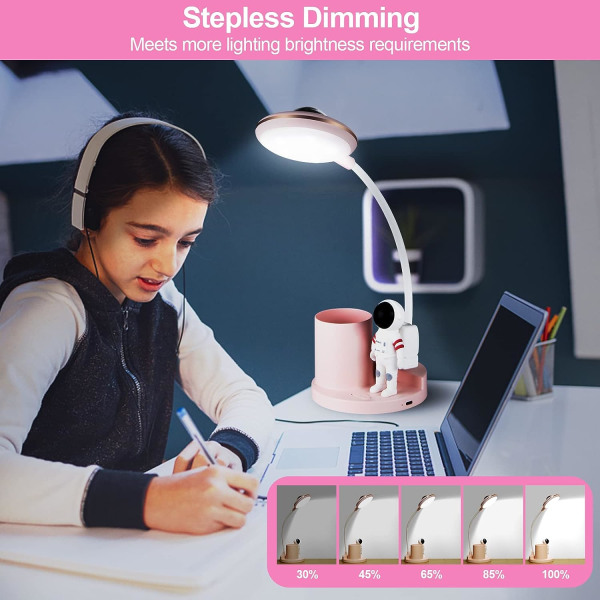 LED-bordslampe til børn, (Pink) Trådløs dæmpbar skrivebordslampe med P