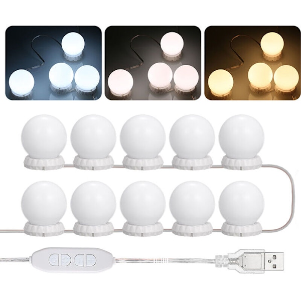 LED-peilivalaisinsarja meikkipöytään, 10 säädettävällä lampulla, 10 luminositeettia ja 3 valaistustilaa, USB, valkoinen - valkoinen, aurinkoinen tyyppi