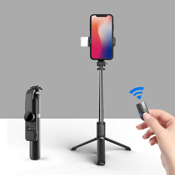 Sort - 1 stk Selfie Lightening Tripod Bluetooth Selfie Stick Lang