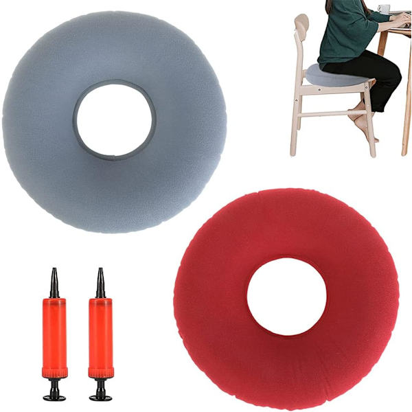 2 stk. Donut sædehynde, oppustelig ring sædehynde, oppustelig sædehynde med pumpe, hynder til biler, sofaer, skriveborde og kørestole (rød,