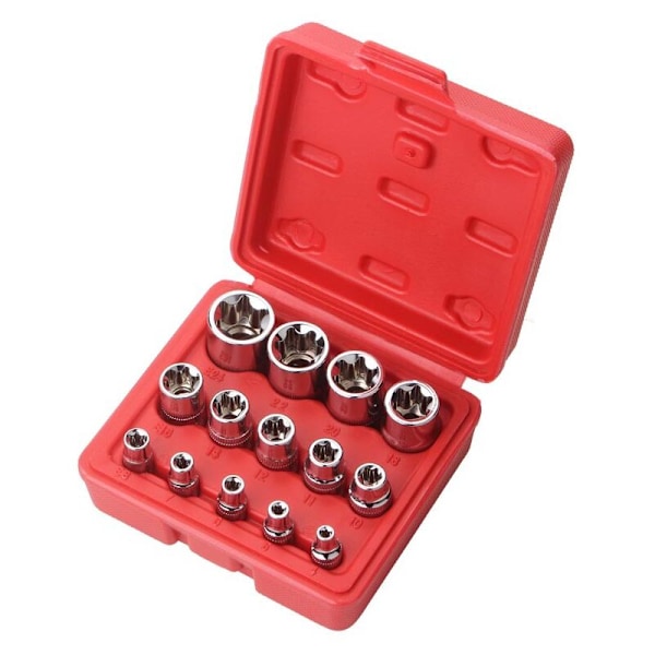 14-osainen E-Torx tähtihylsysarja 1/4\", 3/8\", 1/2\", Ulkoinen vääntömomenttihylsysarja E4-E24 punaisella kotelolla