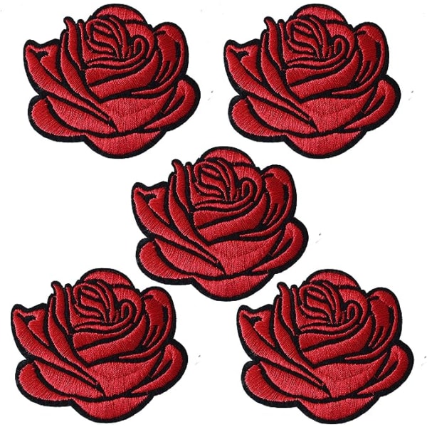 5 st Red Rose Broderade Iron On Patches（6,5*5,7cm）, DIY Sy On Applikation Reparation Patches, Sy On/Stryk Patches För jackor, jeans, byxor, ryggsäck