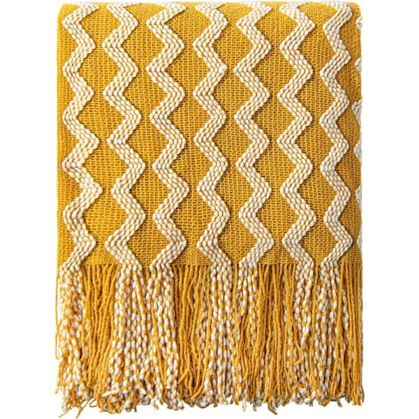 Akryl strikket tæppe, let og blødt dekorativt strikket tæppe, med agern, velegnet til rejser, sofa, seng, sofa, 130x170 cm, sennepsgul