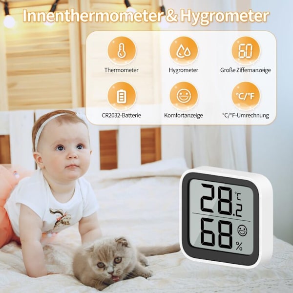 Mini hygrometer för inomhusbruk, luftfuktighetsmätare med ansiktsindikator, ansiktsikon ℃/℉, omkopplare för babyrum