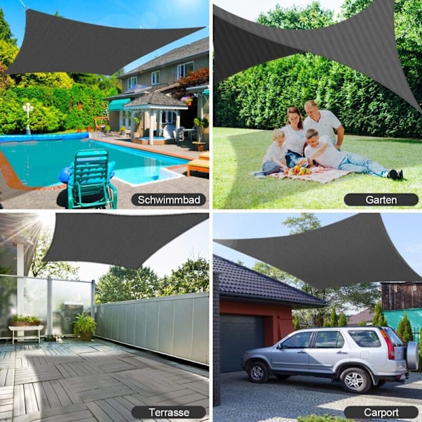 Rektangulær solseil 2 2m anti - UV, ventilert, hageterrasse, svart, svart