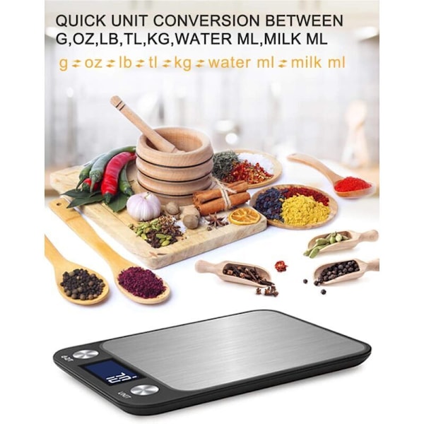 Sort digital køkkenvægt med berøringskontrol 1G til 10 kg, USB-opladning, LCD LCD-skærm, elektronisk vægt med høj præcision