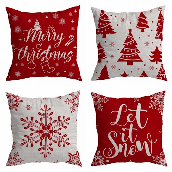 Set med 4 dekorativa kuddfodral Merry Christmas Sammet örngott för julhelger Röda träd snö snötäcken utomhus soffa och skydd
