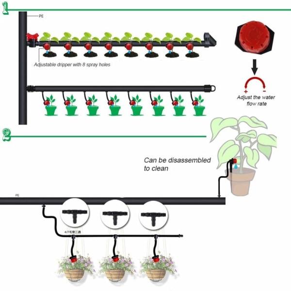 100 stk Dryppvanning Justerbar Drypp Automatisk Vanningssystem Slange Drypp Mikrospredere Emitter Dryppere for Plante Drivhus DIY Hage