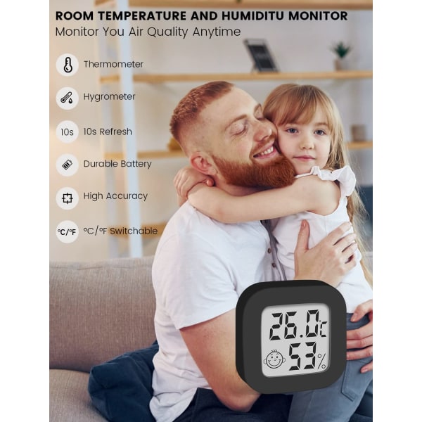 Rumtermometer Digitalt hygrometer, rumtermometer og hygrometer med C°/F°-omskiftelig og temperatur-fugtighedsmonitor, sort