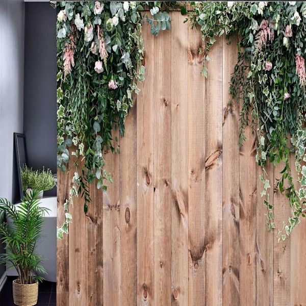 Blomstermotiv og blade - 180 x 180 cm - Dekorativt bruseforhæng i træ med 12 kroge -