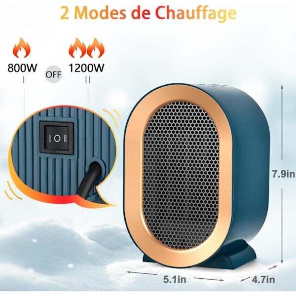 Actoint varme, keramisk blåsende mini radiator, 800/1200 W elektrisk radiator, overoppheting og anti-tank beskyttelse, 2 varmemoduser, bad, hjem o