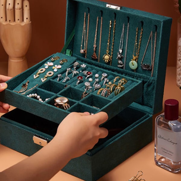 Dam smyckeskrin Organizer 2 lager stort låsbart display smyckeshållare för halsband örhänge ring, mörkgrön