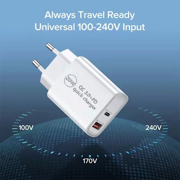 Egnet til iphone13 QC3.0 hurtig opladning PD mobiltelefonoplader 20W PD opladningshoved rejseoplader