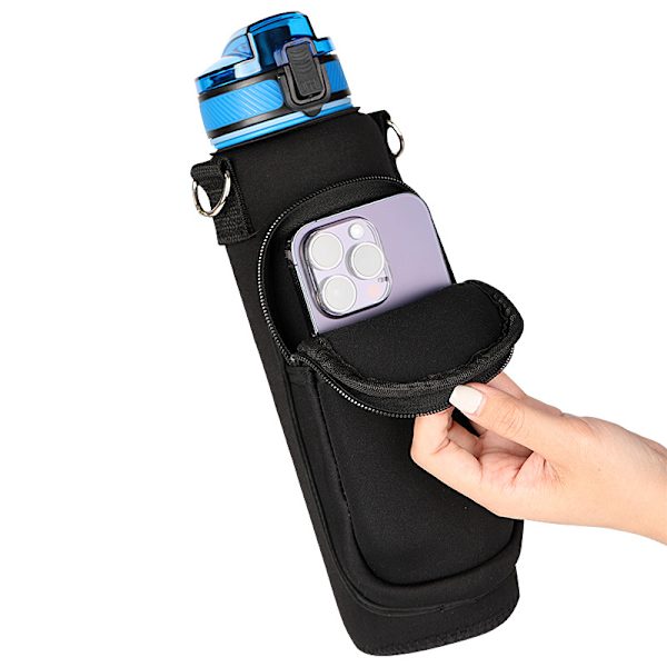 1 flaskeholder, sort 1 flaskeholder med justerbar skulderrem, egnet til sport, vandreture, cykling, rejser