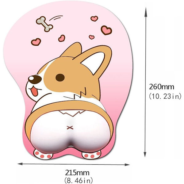3D Musmatta med handledsstöd, Ergonomisk mjuk silikon Gaming Musmatta, Söt Corgi Anime Musmatta för Laptop (Rosa)