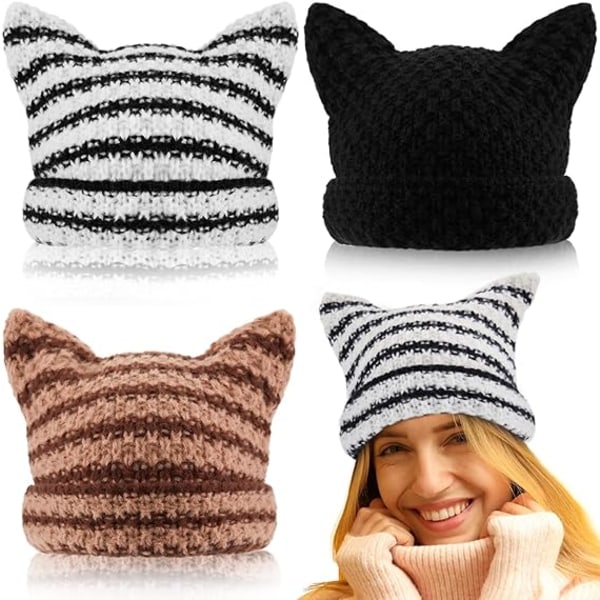 3-pakk strikket kattlue for kvinner Stripede vinterluer med djevelhorn Grungetilbehør Uformell lue Heklet lue med ører