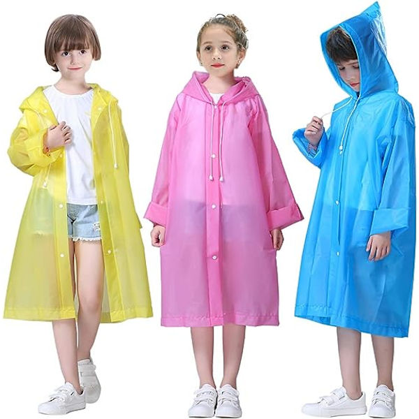 Regnrock kappa längd 110cm * 55cm, [3 pack] Barn EVA återanvändbar regnrock jacka Unisex vattentät regnrock nödkappa med herr och dam