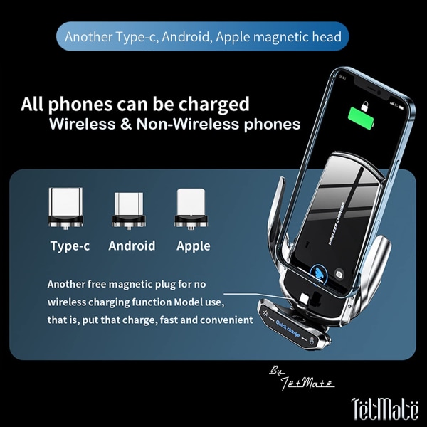 15W hurtig trådløs billader, telefonholder, automatisk fastspænding, biltilbehør, kompatibel med iPhone 13 Pro, 12 Max Mini/11/XS/XR Samsung S20/S1