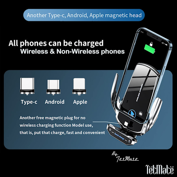 15W snabb trådlös billaddare, telefonhållare, automatisk fastspänning, biltillbehör, kompatibel med iPhone 13 Pro, 12 Max Mini/11/XS/XR Samsung S20/S1