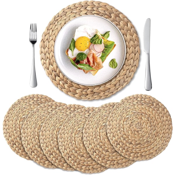 6 Pack, Round Woven Placemats, Natural Water Hyacinth Placemats, Braided Straw Table Mats (30 cm)