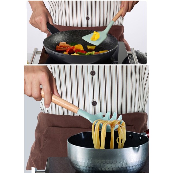 Slitstarkt silikon-non-stick-kokkärl - Komplett kök och rostfria stålaccessoarer 11-delat uppvärmt matlagningsset med stativ（liten svart）