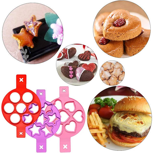 Silikon eggform, 3 stk hjerte, rund og stjerneformet pannekakeform for å spare koketid, isolert kakeform for rask og enkel eggkoking