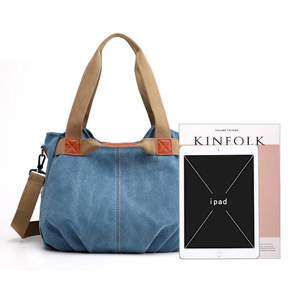 Retro Trendy Stor Taske Skuldertaske Mode Håndtaske Kvinders Enkel Alsidig Canvas Taske Kvinders Taske Blå