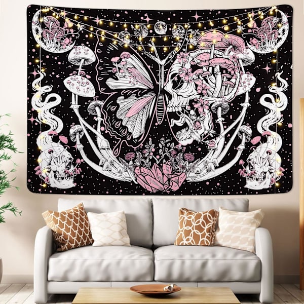 Skull Butterfly Gobelin Hippie Svampe Vægophæng Æstetisk Møl Gobelin Måne og Stjerner Værelse Dekoration Soveværelse Stue College 200*150 cm