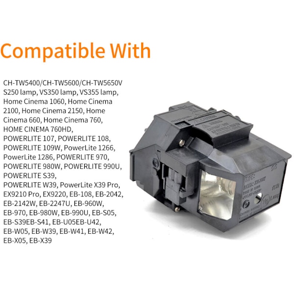 Korvaava projektorilamppu, yhteensopiva Epson Powerlift Home Cinema 2100 2150 1060 660HD Ex9210 Ex9220 Ex3260 Ex5260 Ex7260 x39 W39 S39 109W V13H010L96 -projektoreiden kanssa