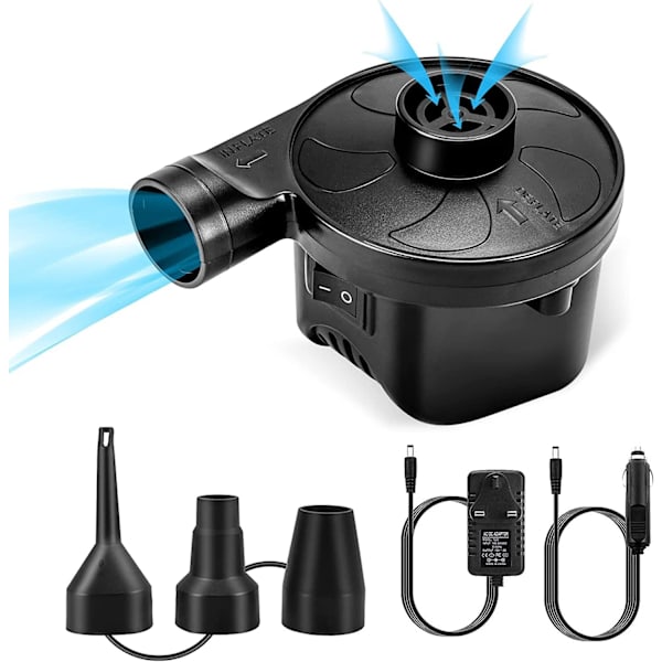 Elektrisk luftpumpe 2 i 1 oppblåsbar  deflator for svømmering, luftmadrass, padlebassengleker, luftpumpe med 3 dyser, AC110-240V/ DC12V/50W