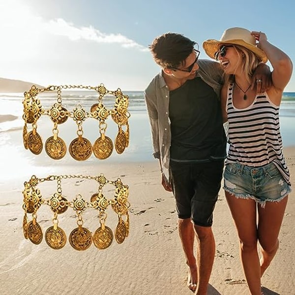 2 st kvinnors strandankelkedjor (guld) tribal mynt tofsar gypsy anklet justerbar bohemisk anklet smycken