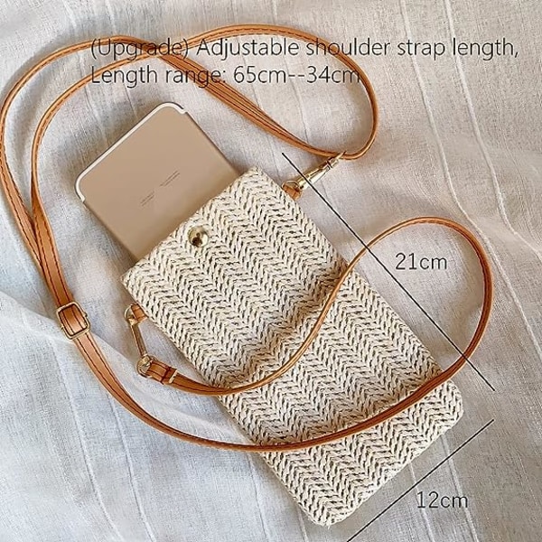 Crossbody-väskor (vit), damväskor i casual vävt halm, vävda axelväskor, mobiltelefonväskor