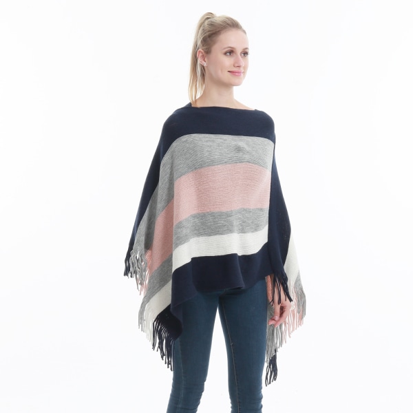 Dam Poncho Tröja Casual Randig Mångsidig Frans Sjal Wrap för Höst Vinter