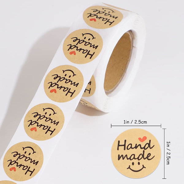 1000 kpl Kraft-paperilahjatunnistetta, \"Handmade\"-pyöreä tarra luonnonvärinen Kraft-paperi (2 rullaa)