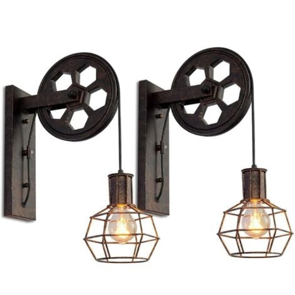 2x Industriell Vägglampa Vintage Remskiva Vägglampa Inomhusbelysning för Sovrum Vardagsrum Restaurang,Rust