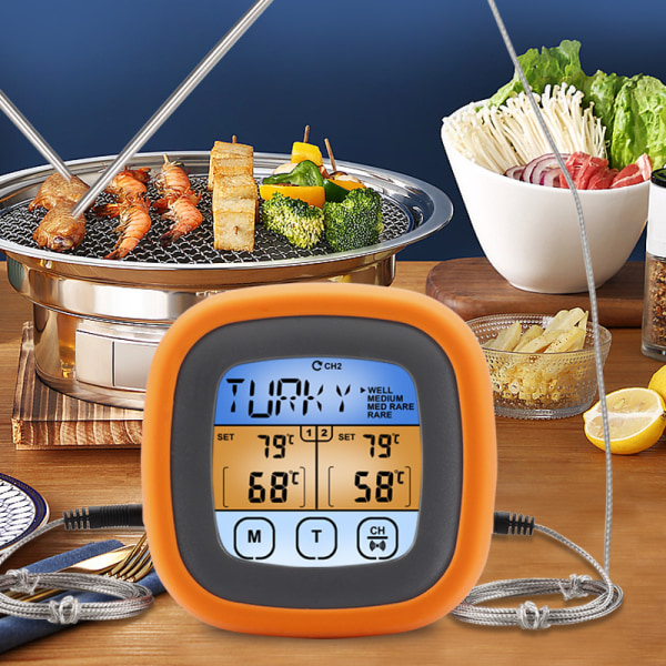 Dubbelnåls färgdisplay mattermometer kök bakning touch digital display termometer sondtyp grilltermometer
