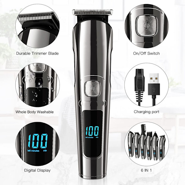 Skäggtrimmer, Trådlös hårtrimmer för män, Standard för kroppen, Mustasch, Näsa, Hög, Ansikte, Elektrisk Pasoir, Grooming Kit allt i 1, Uppladdningsbar med