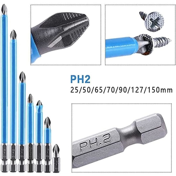 7-delt sett med sklisikre magnetiske bits Magnetisk Phillips-skrutrekker Ph2 Flat Head Skrutrekker Bit