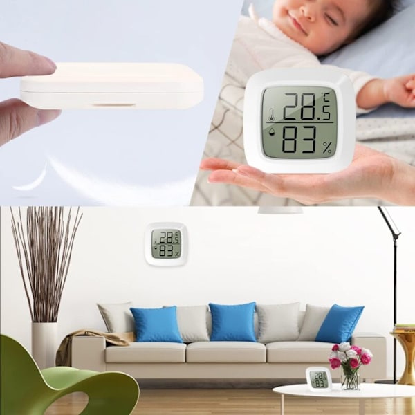 Sæt med 4 mini indendørs termometre - Indendørs hygrometer termometer - med hurtig opdatering på 10 sekunder - Mini LCD - Til børneværelse, skrivebord, b