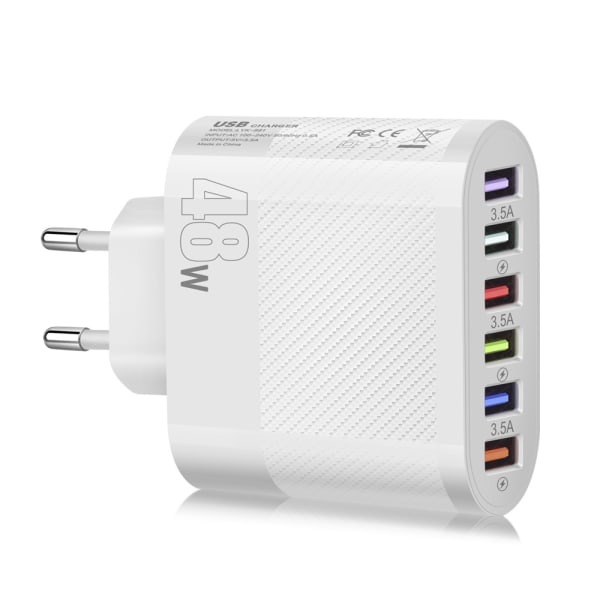 Mobiltelefonoplader 3.5A Tablet Rejseoplader Ladehoved - 6USB - Europæisk standard hvid