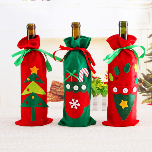 3 Julegaveposer til Vinflasker med Etiketter - Premium Non-Woven Stoff - Festlige Flaskeposer - Gaver, Borddekorasjon