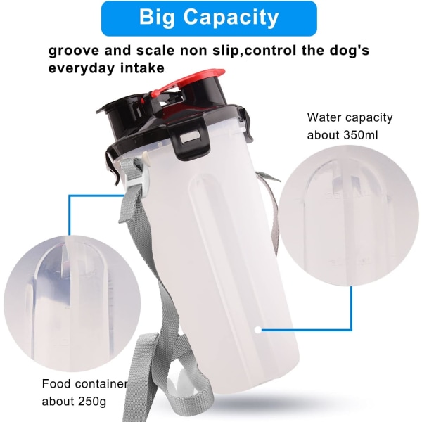 Hundevandflaske med 2 sammenleggbare skåler Bærbar 2 i 1 vannflaske og mat til hunder Katt Kjæledyr, Reiseflaske for tur, trening, fotturer, Ca