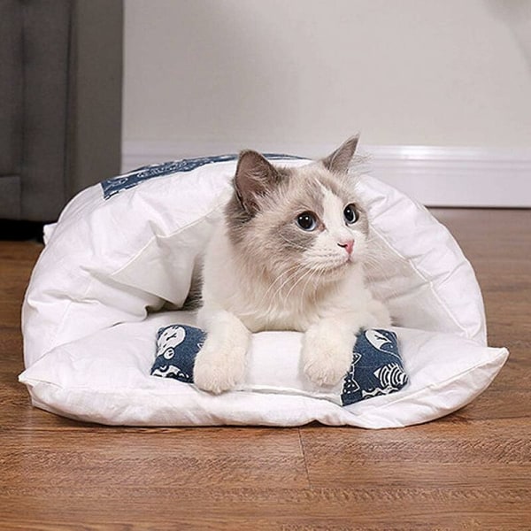 Avtagbar och tvättbar kattkoja för husdjur, kattbädd, sovsäck, blå, M=