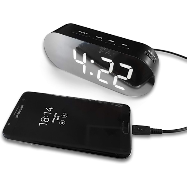 Digital Väckarklocka - Nätansluten, Stor Sifferspegeldisplay, Snooze & USB-laddningsportar (Svart)