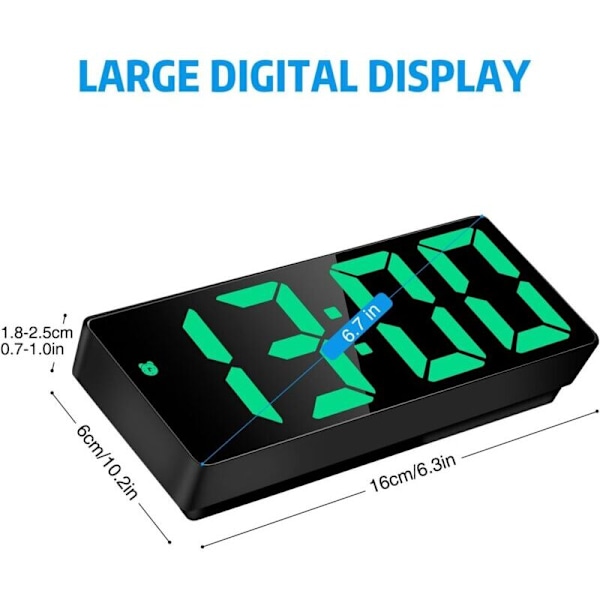 Digital väckarklocka, stor LED-display, spegelyta med snooze-funktion och USB-laddningsanslutning, justerbar ljusstyrka, väckarklocka för