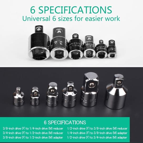 6-delt adapter- og reduktionssæt til stikdåser, 1/4\", 1/4\", 3/8\", 1/2\" Ratchet/Socket Kit/Extension Conversion Kit, Premium Chrome Vanadium Steel, Mirror Fi