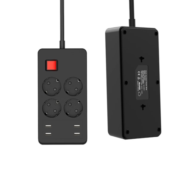 Multifunktionel overspændingsbeskytter med 4 stikkontakter og 4 USB-porte, stikdåse med individuel afbryder mod overbelastning, 1,5 m sort
