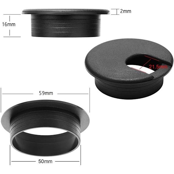 50mm Kabelgennemføring til skrivebord, sort, med ledningshuller, kabeløje